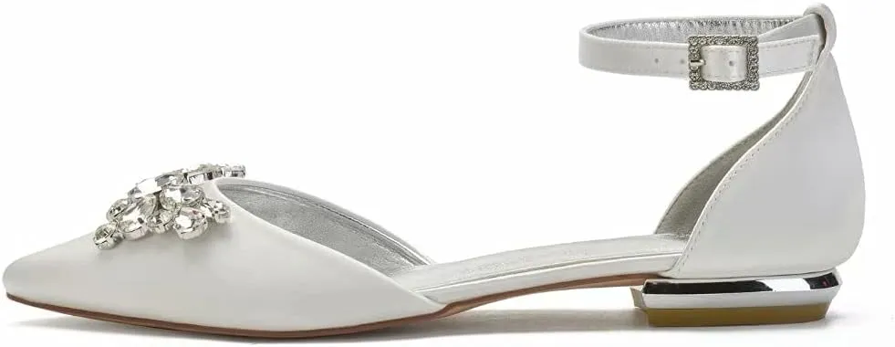 Satin Rhinestones Wedding Flats Shoes for Bride Pointed Toe Prom Evening Bridal Party Dress Flats Women 5047-63