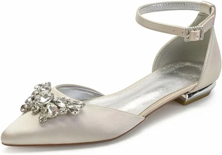Satin Rhinestones Wedding Flats Shoes for Bride Pointed Toe Prom Evening Bridal Party Dress Flats Women 5047-63