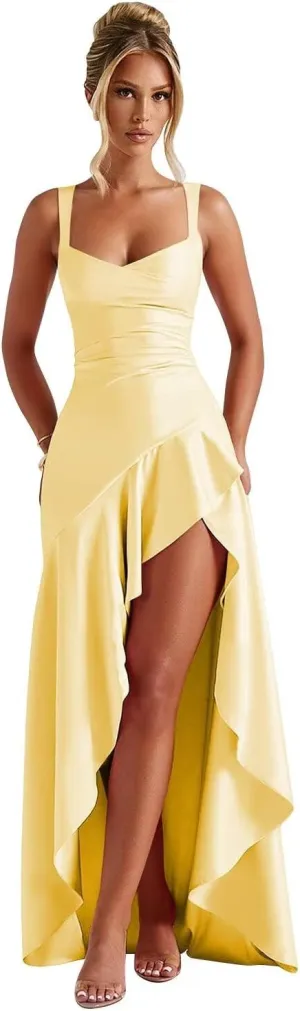 Satin Ruffles Prom Dresses for Women Hi-Low Aline Evening Dress for Women 2025 QA204A-CP
