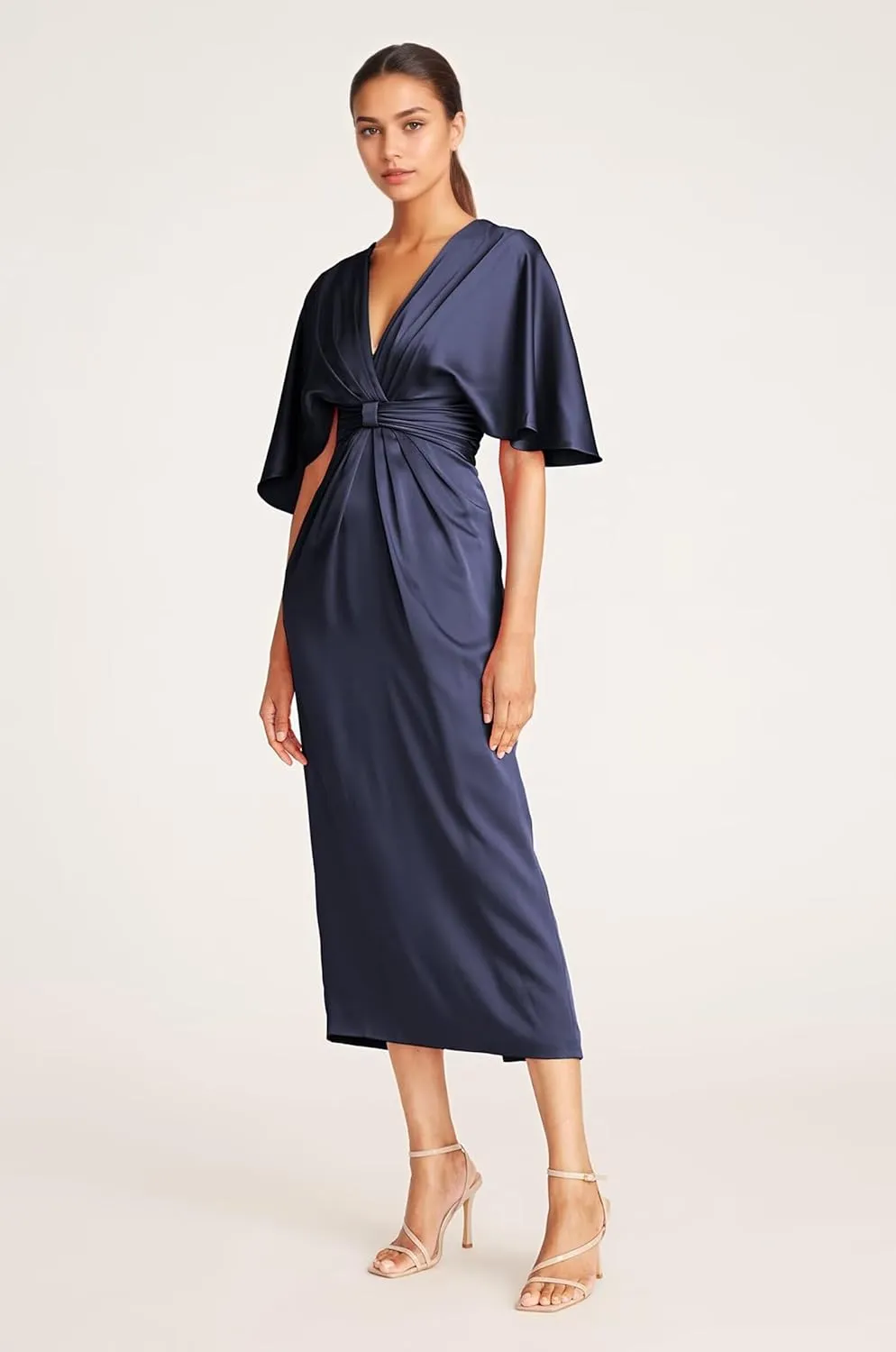 Satin V Neck Mother of The Groom Dresses for Women Tea Length Ruched Waist Formal Dress