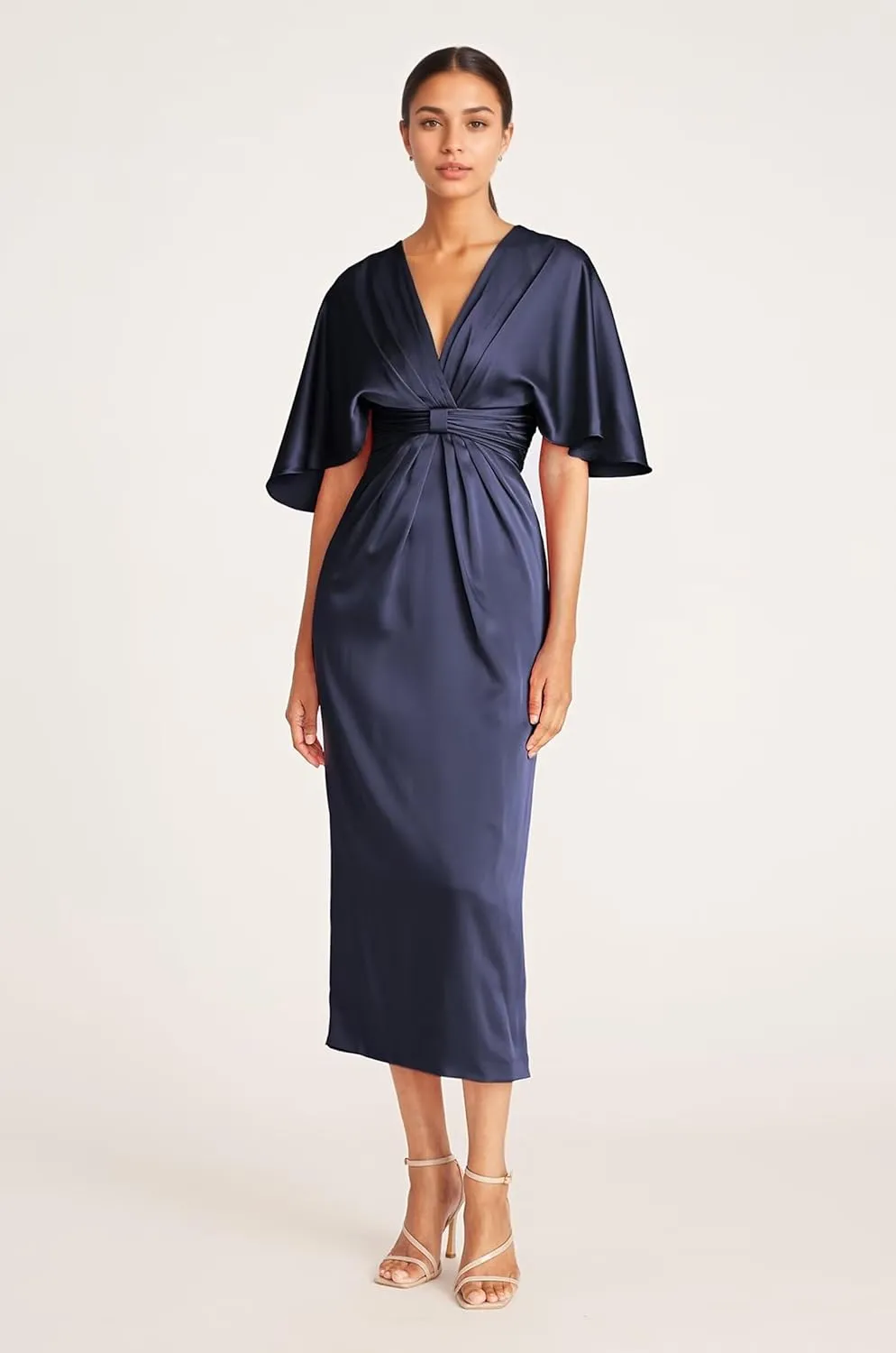 Satin V Neck Mother of The Groom Dresses for Women Tea Length Ruched Waist Formal Dress