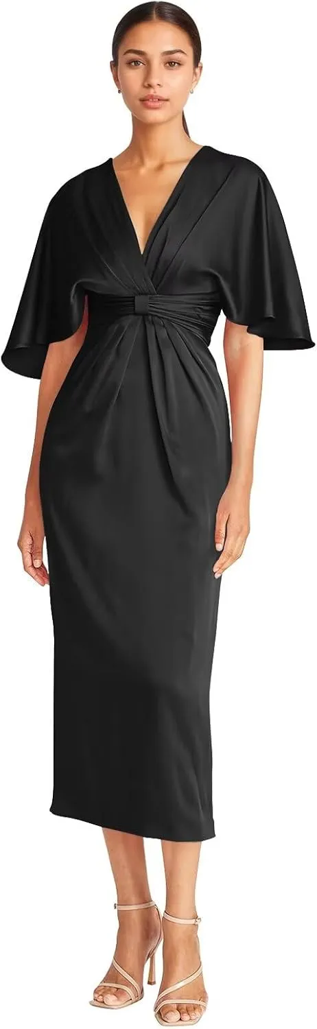Satin V Neck Mother of The Groom Dresses for Women Tea Length Ruched Waist Formal Dress