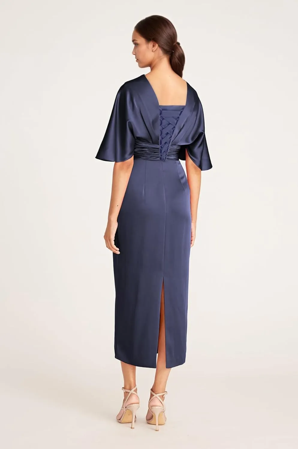 Satin V Neck Mother of The Groom Dresses for Women Tea Length Ruched Waist Formal Dress