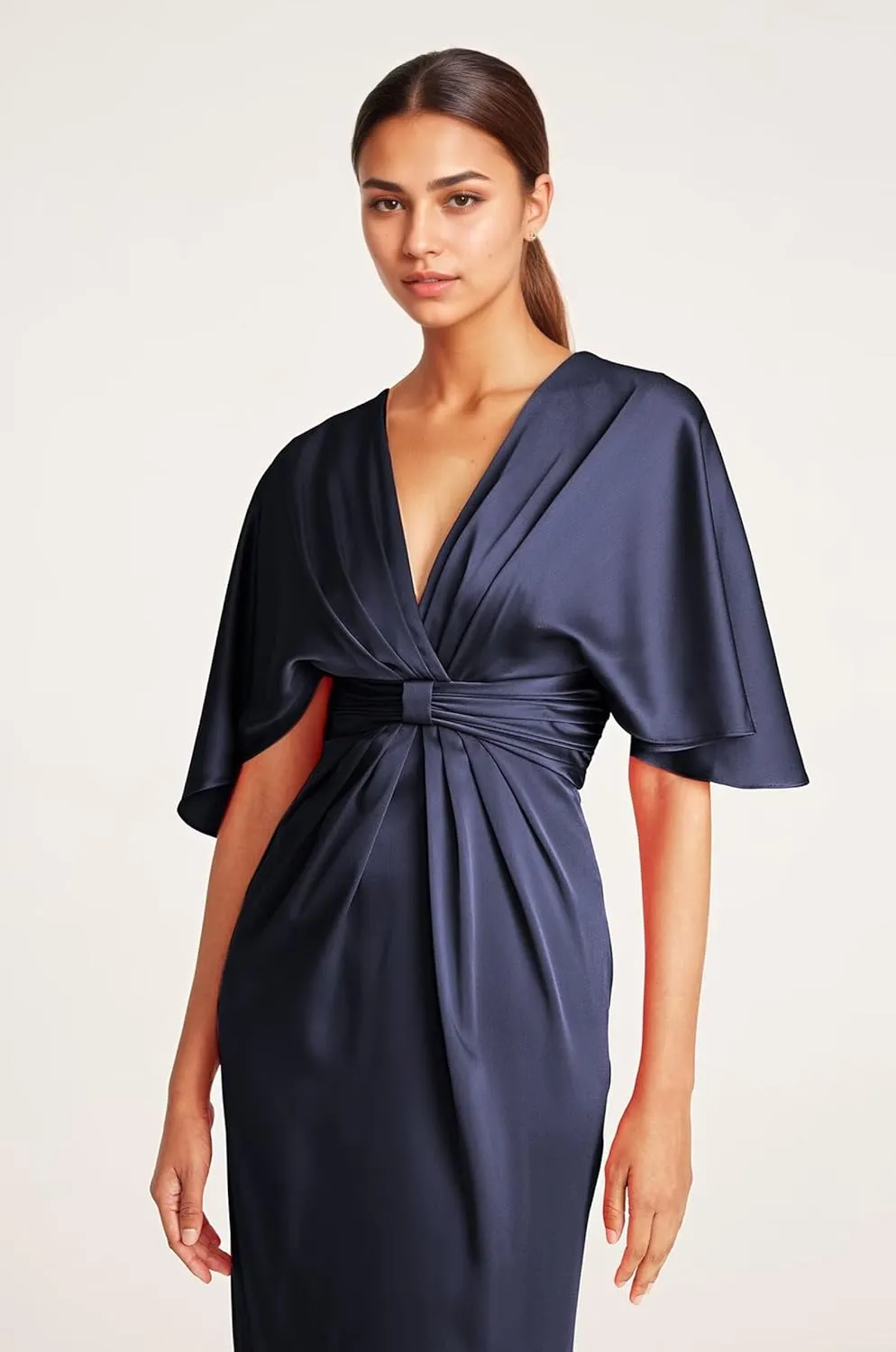 Satin V Neck Mother of The Groom Dresses for Women Tea Length Ruched Waist Formal Dress