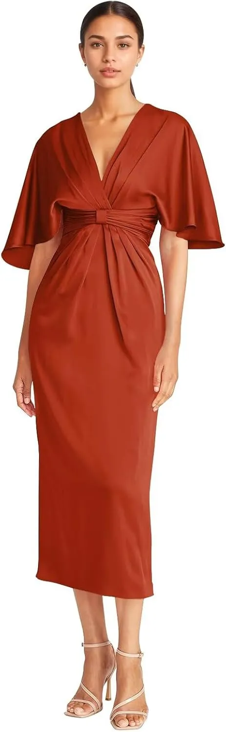 Satin V Neck Mother of The Groom Dresses for Women Tea Length Ruched Waist Formal Dress