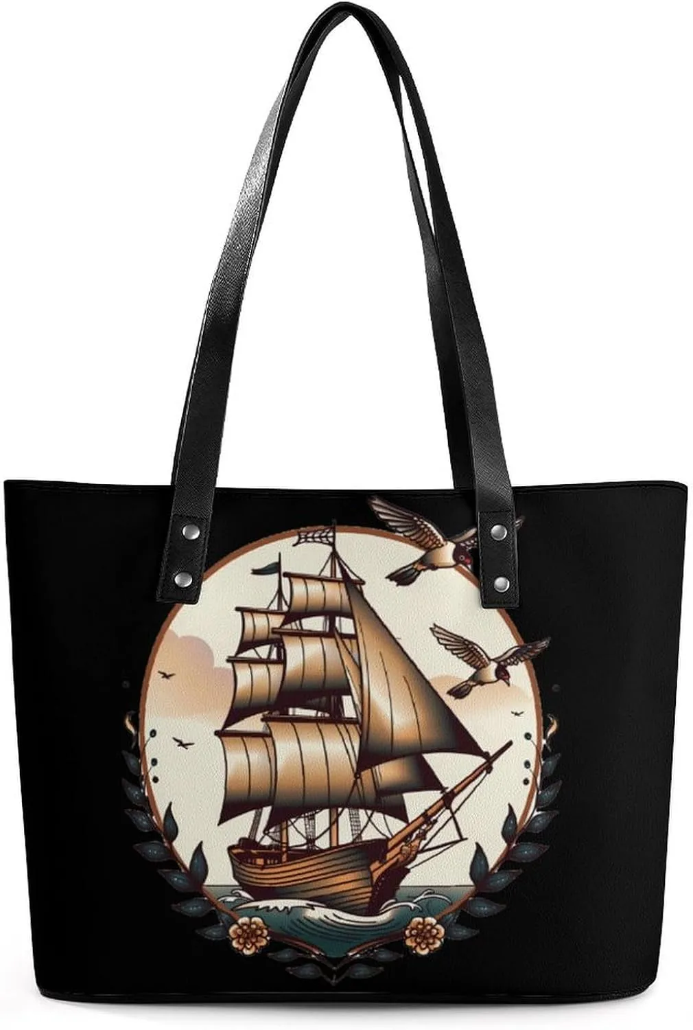 School Sailor Tattoo Clipper Ship And Swallows Women Tote Bag PU Leather Handbags Top Handle Bag Fashion Shoulder Purses with Zippered