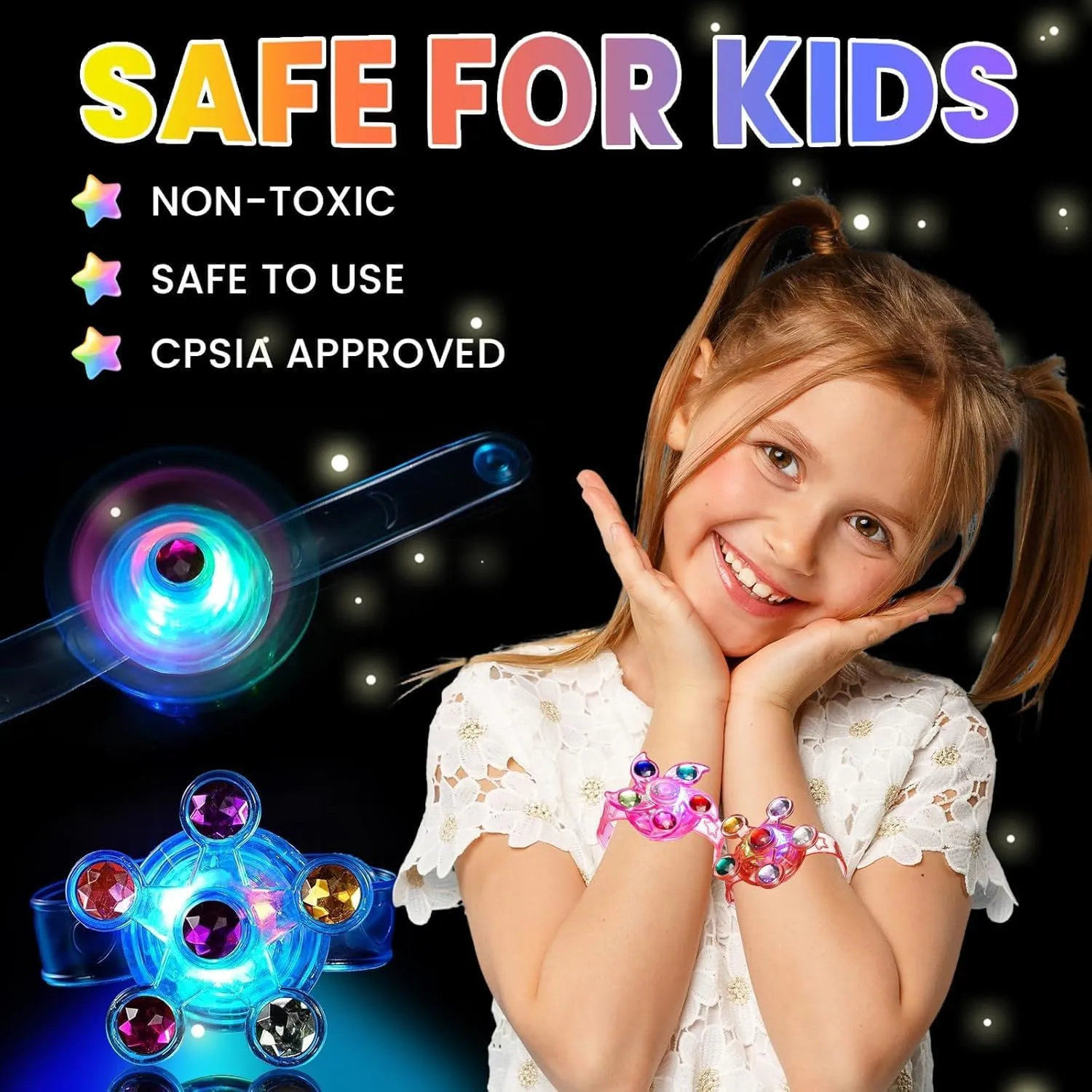 SCIONE 48 Pack LED Light Up Fidget Spinner Bracelets, Glow in The Dark Party Favors for Kids 4-8 8-12, Treasure Box Toys, Birthday Gifts, Carnival Prizes, Goodie Bags Stuffers for Kids