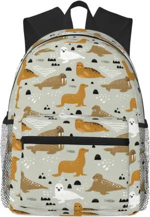 Seal and Walrus Pattern Backpack for Women Men Worker Teacher Business Travel Backpacks Shoulders Bag Daypack Bookbag with Mesh Pockets