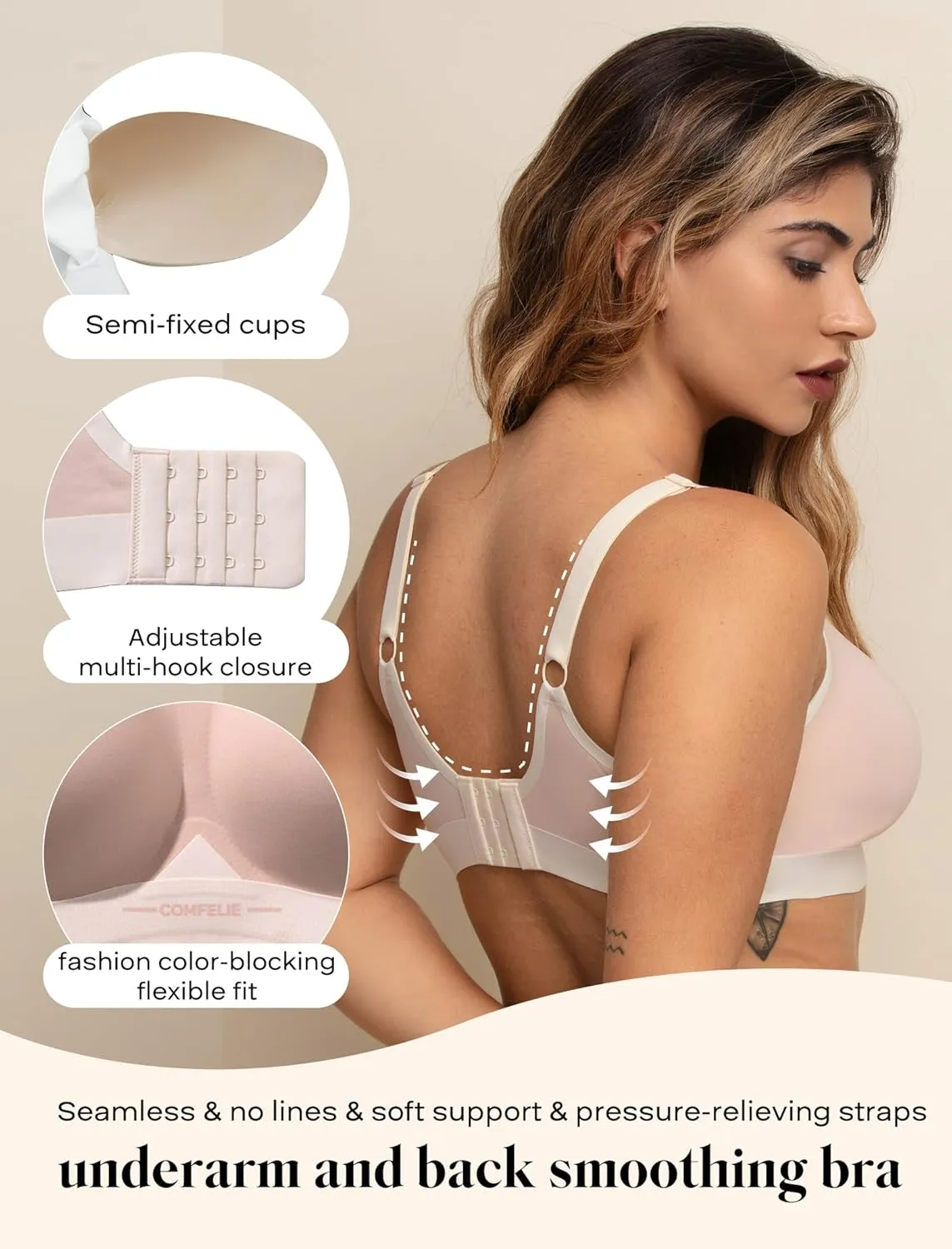 Seamless Wireless Bra for Busty Women No Underwire Lightly Lined Deep V T-Shirt Bralette Underarm-Smoothing