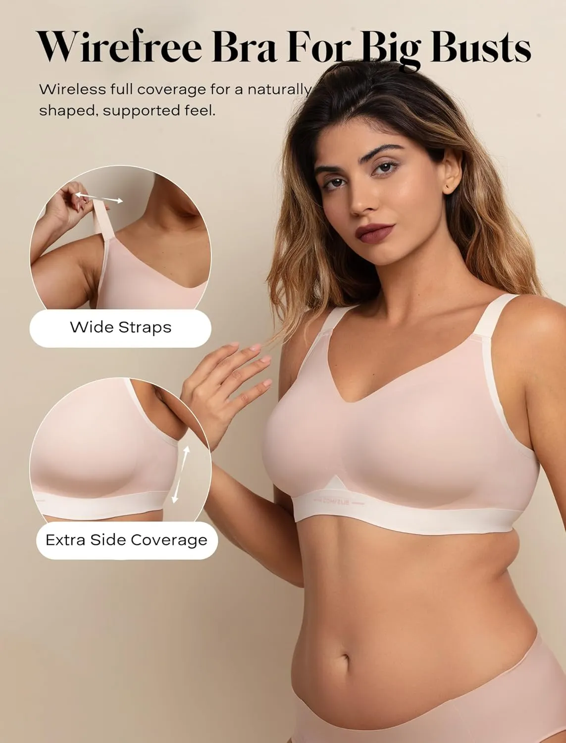 Seamless Wireless Bra for Busty Women No Underwire Lightly Lined Deep V T-Shirt Bralette Underarm-Smoothing