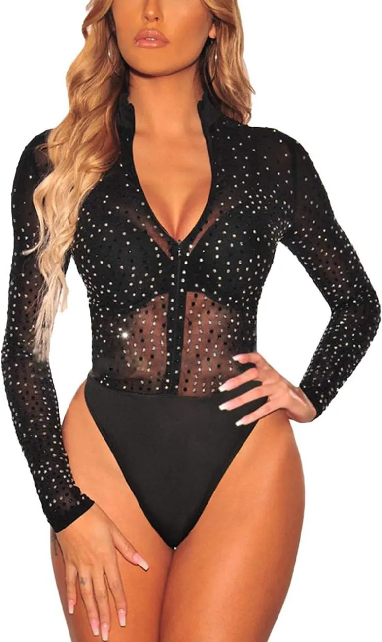 SEBOWEL Women Long Sleeves Mesh See Through Jumpsuit Bodysuit Top Leotard