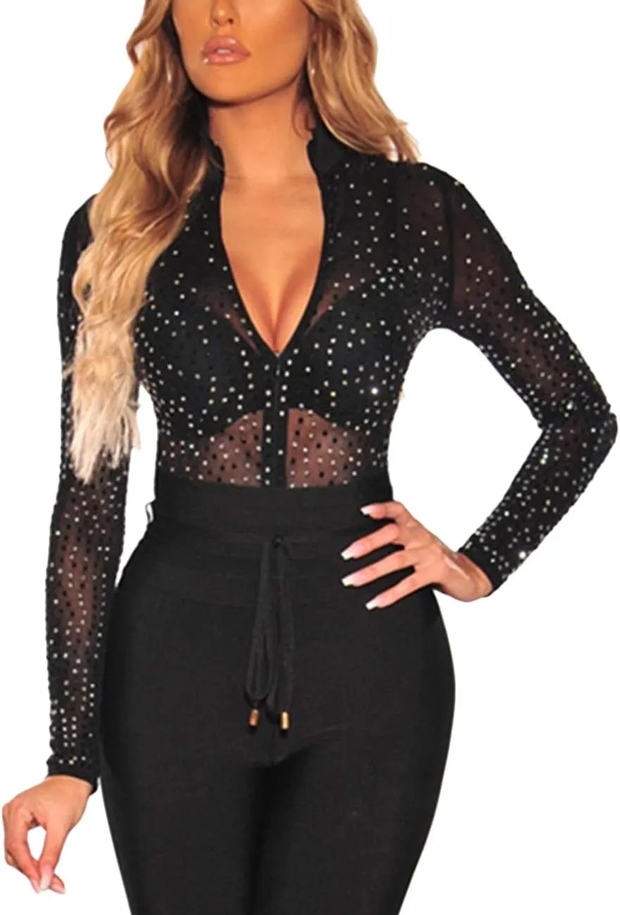 SEBOWEL Women Long Sleeves Mesh See Through Jumpsuit Bodysuit Top Leotard
