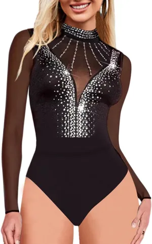 SEBOWEL Women Rhinestone Sparkly Bodysuits Sexy Studded Sheer Mesh Long Sleeve Bodysuit See Through Club Rompers Top