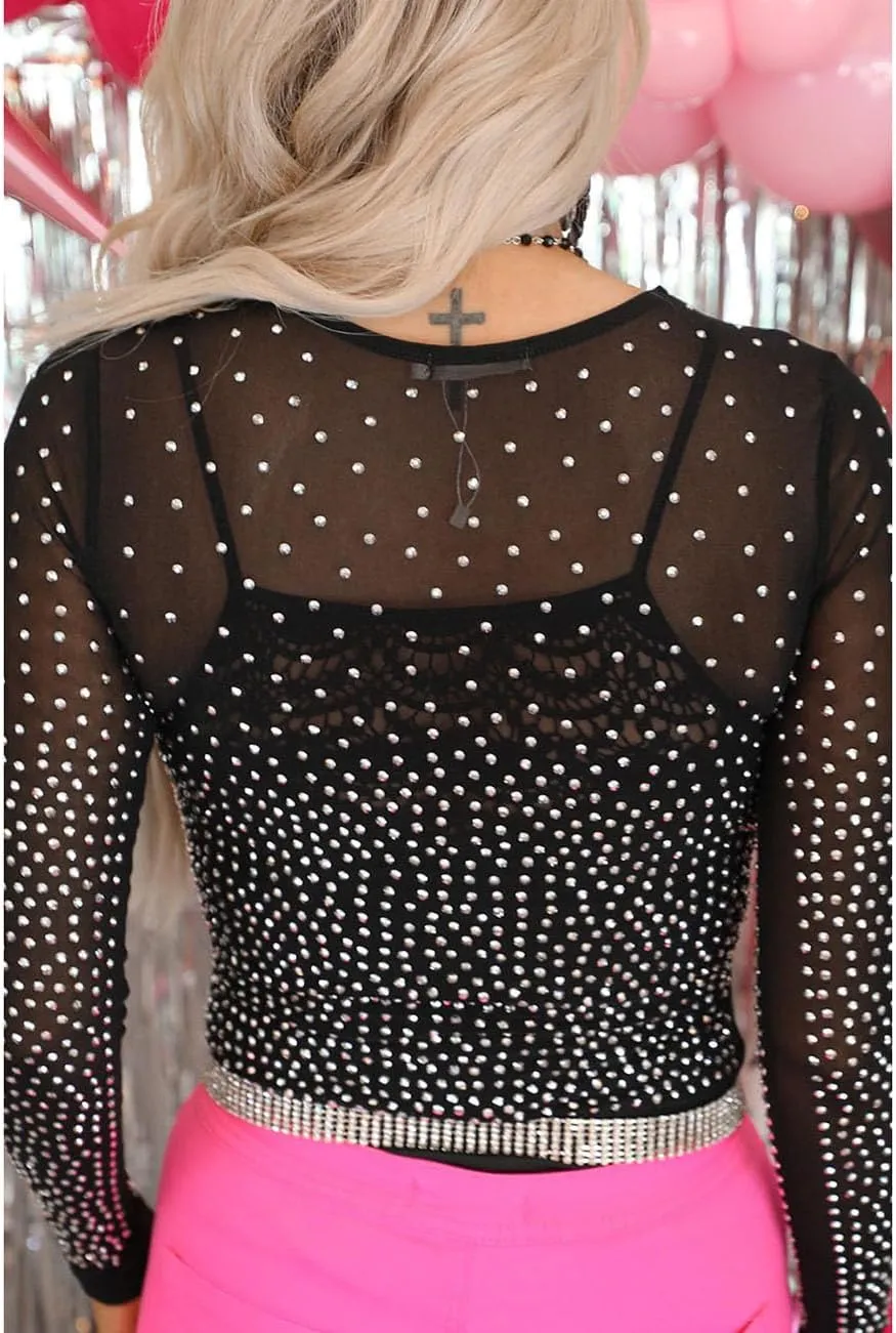 SEBOWEL Women Rhinestone Sparkly Bodysuits Sexy Studded Sheer Mesh Long Sleeve Bodysuit See Through Club Rompers Top