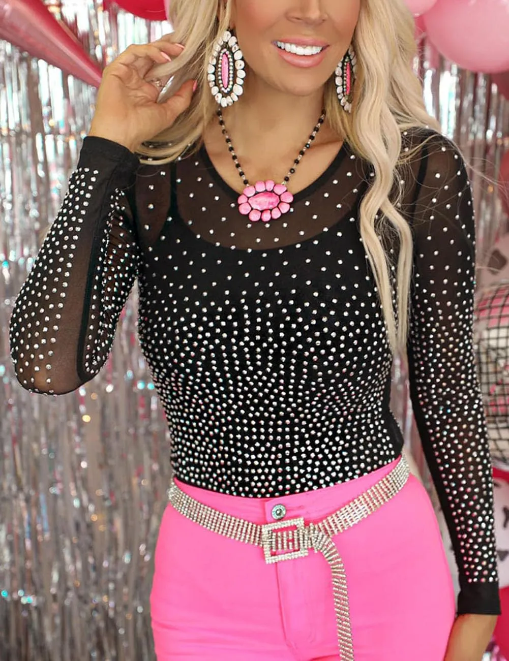SEBOWEL Women Rhinestone Sparkly Bodysuits Sexy Studded Sheer Mesh Long Sleeve Bodysuit See Through Club Rompers Top