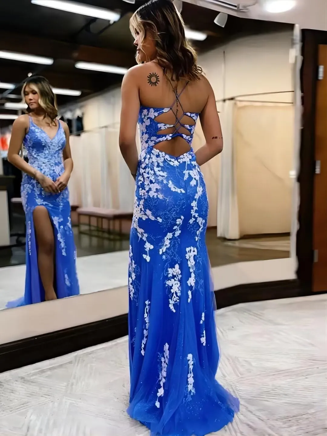 SEIM Women's Mermaid Spaghetti Straps Lace Prom Dresses Long Appliques Backless Formal Evening Gowns SE100