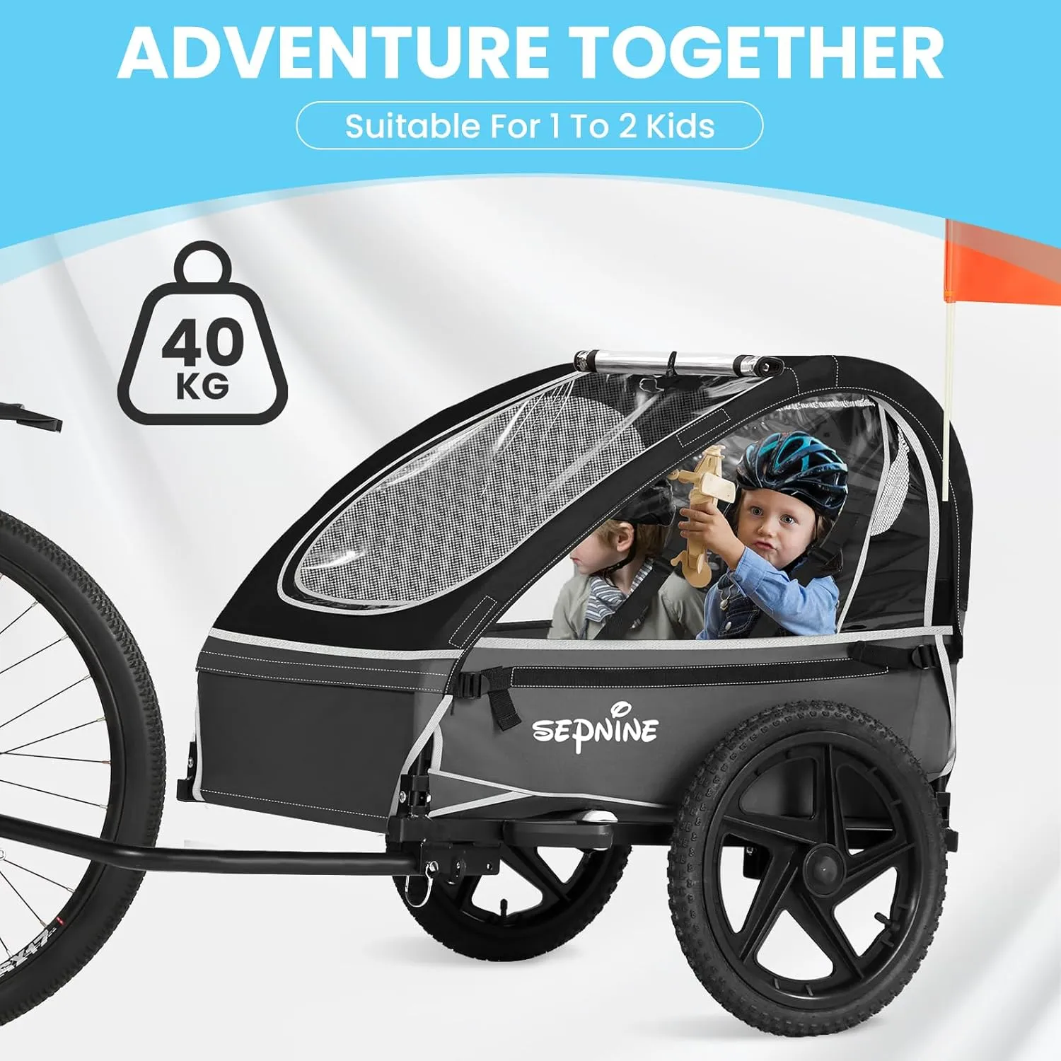 Sepnine Kids Bike Trailer, Suitable for 1 to 2 Kids, 12  Months, Quick Attach to Bike, Foldable, with 5-Point Harness and Storage Bags