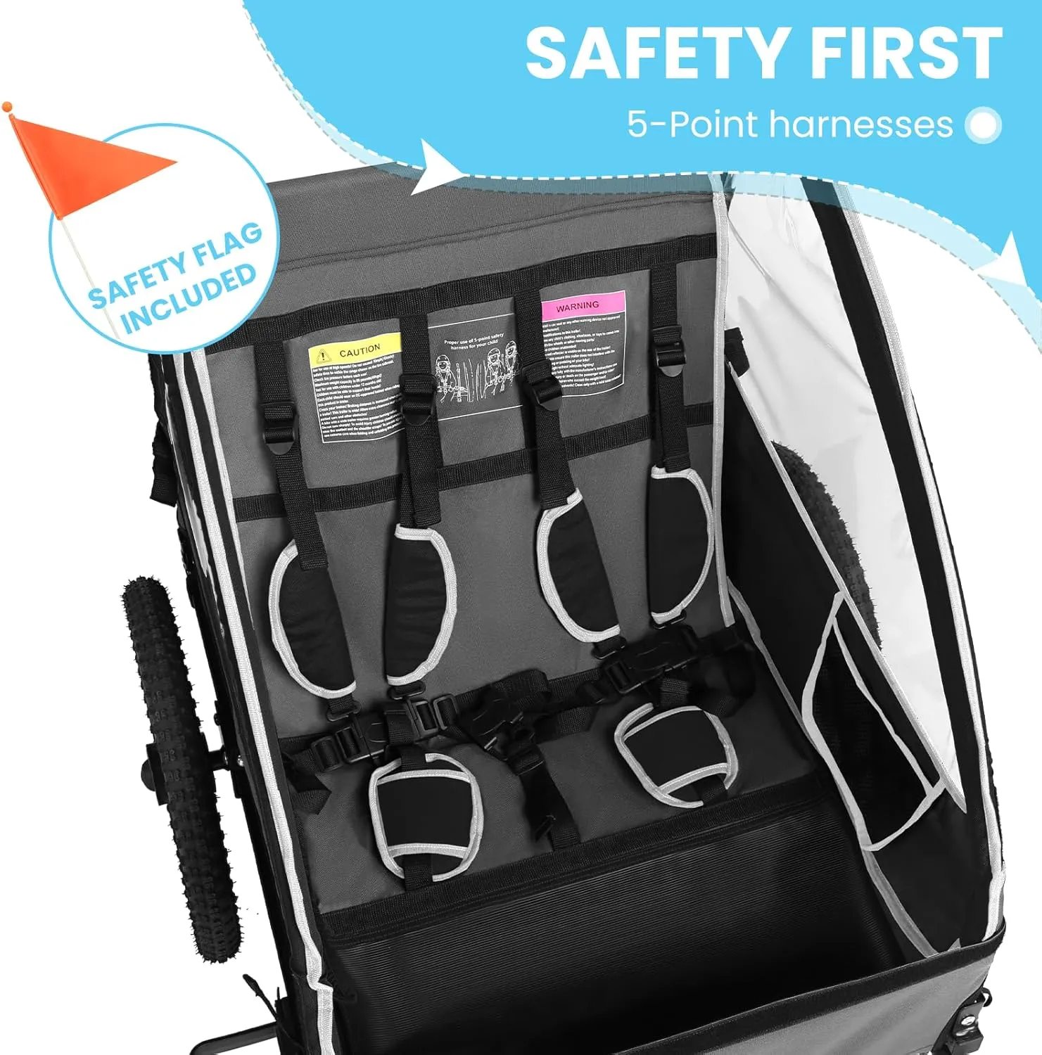 Sepnine Kids Bike Trailer, Suitable for 1 to 2 Kids, 12  Months, Quick Attach to Bike, Foldable, with 5-Point Harness and Storage Bags