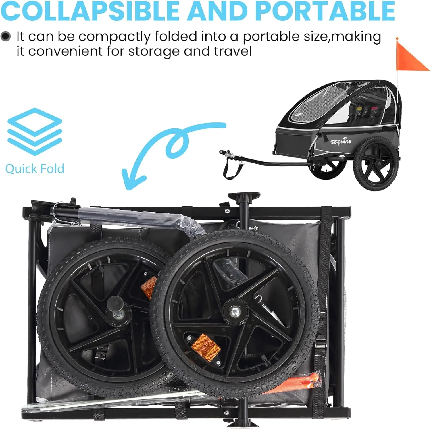 Sepnine Kids Bike Trailer, Suitable for 1 to 2 Kids, 12  Months, Quick Attach to Bike, Foldable, with 5-Point Harness and Storage Bags