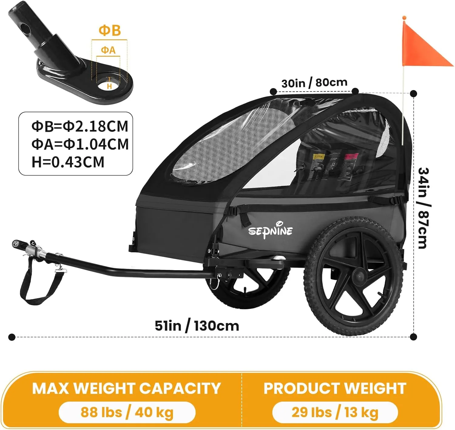 Sepnine Kids Bike Trailer, Suitable for 1 to 2 Kids, 12  Months, Quick Attach to Bike, Foldable, with 5-Point Harness and Storage Bags