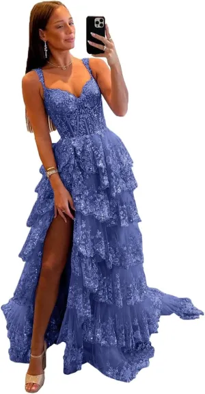 Sevintage Spaghetti Straps Lace Tulle Tiered Prom Dress Long Slit Sparkly Corset Formal Evening Party Gowns
