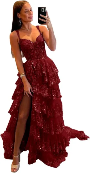 Sevintage Spaghetti Straps Lace Tulle Tiered Prom Dress Long Slit Sparkly Corset Formal Evening Party Gowns