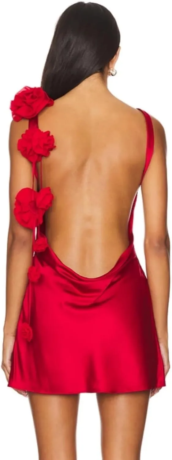 Sexy Sleeveless Flower Draped Mini Dress Backless Floral Short Evening Party Gowns