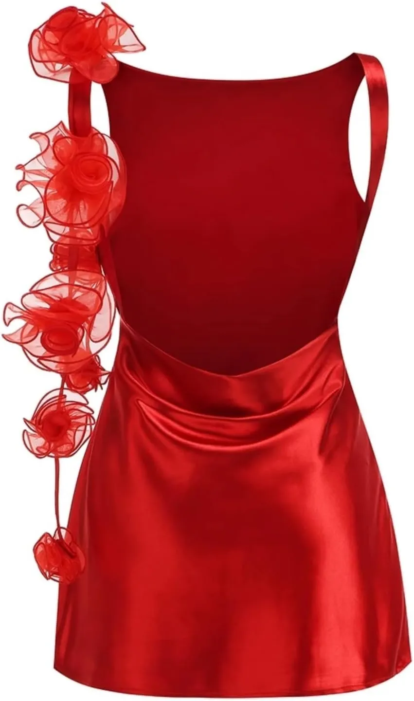 Sexy Sleeveless Flower Draped Mini Dress Backless Floral Short Evening Party Gowns