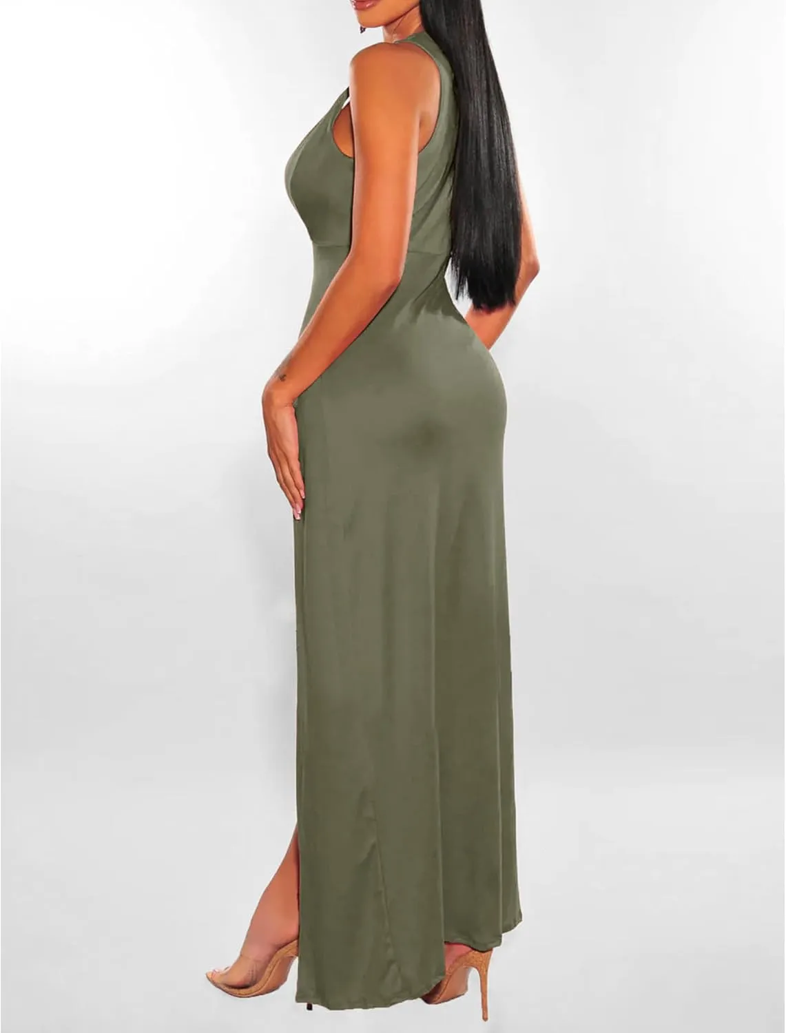 Sexyshine Women's Sexy Deep V Neck Double High Split Side Maxi Dress Sleeveless Long Bodycon Cocktail Evening Dress