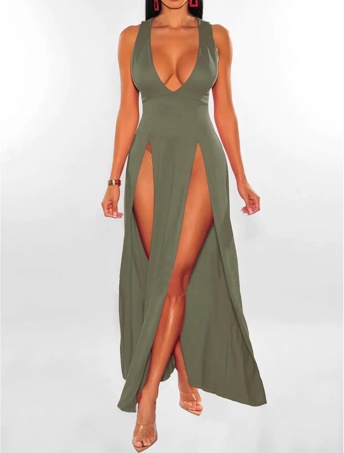 Sexyshine Women's Sexy Deep V Neck Double High Split Side Maxi Dress Sleeveless Long Bodycon Cocktail Evening Dress