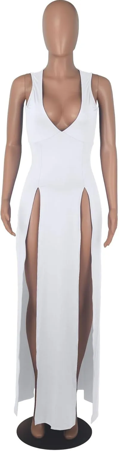 Sexyshine Women's Sexy Deep V Neck Double High Split Side Maxi Dress Sleeveless Long Bodycon Cocktail Evening Dress