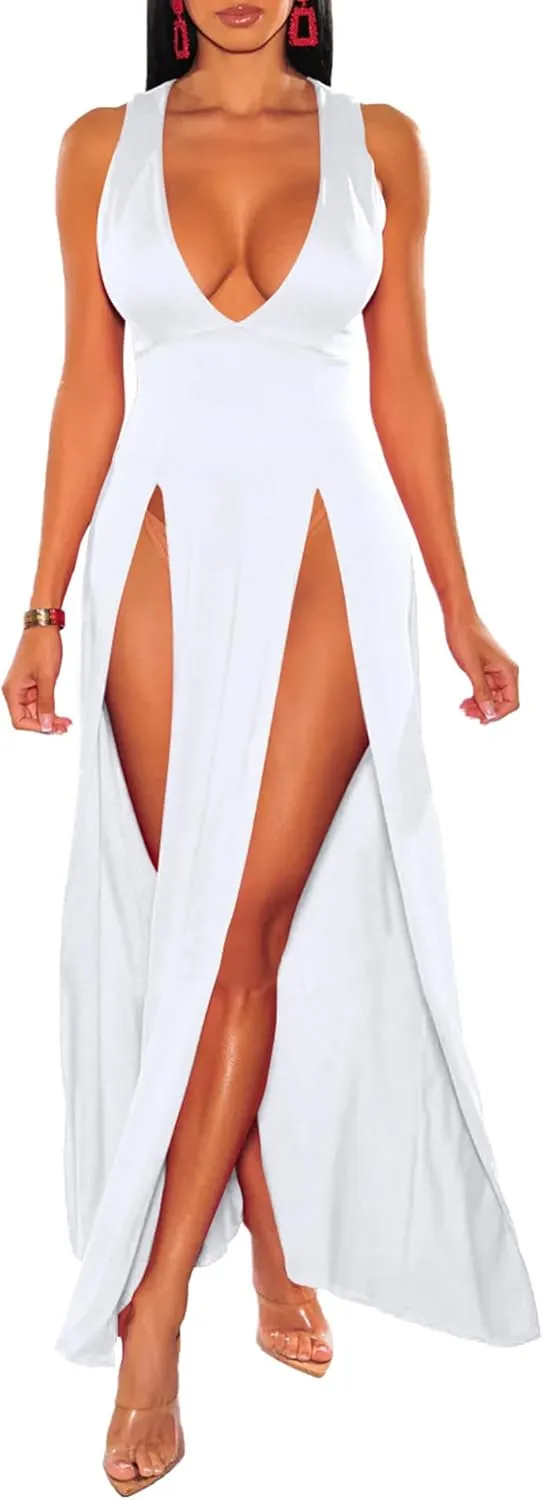 Sexyshine Women's Sexy Deep V Neck Double High Split Side Maxi Dress Sleeveless Long Bodycon Cocktail Evening Dress