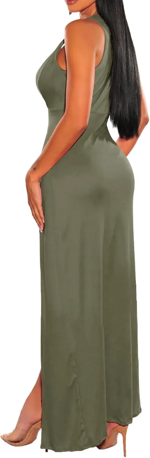 Sexyshine Women's Sexy Deep V Neck Double High Split Side Maxi Dress Sleeveless Long Bodycon Cocktail Evening Dress