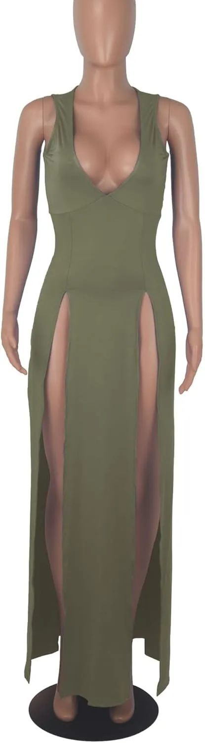 Sexyshine Women's Sexy Deep V Neck Double High Split Side Maxi Dress Sleeveless Long Bodycon Cocktail Evening Dress