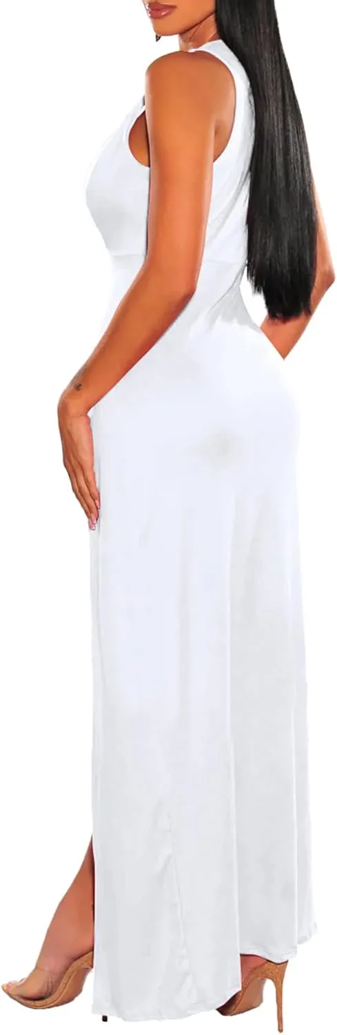 Sexyshine Women's Sexy Deep V Neck Double High Split Side Maxi Dress Sleeveless Long Bodycon Cocktail Evening Dress