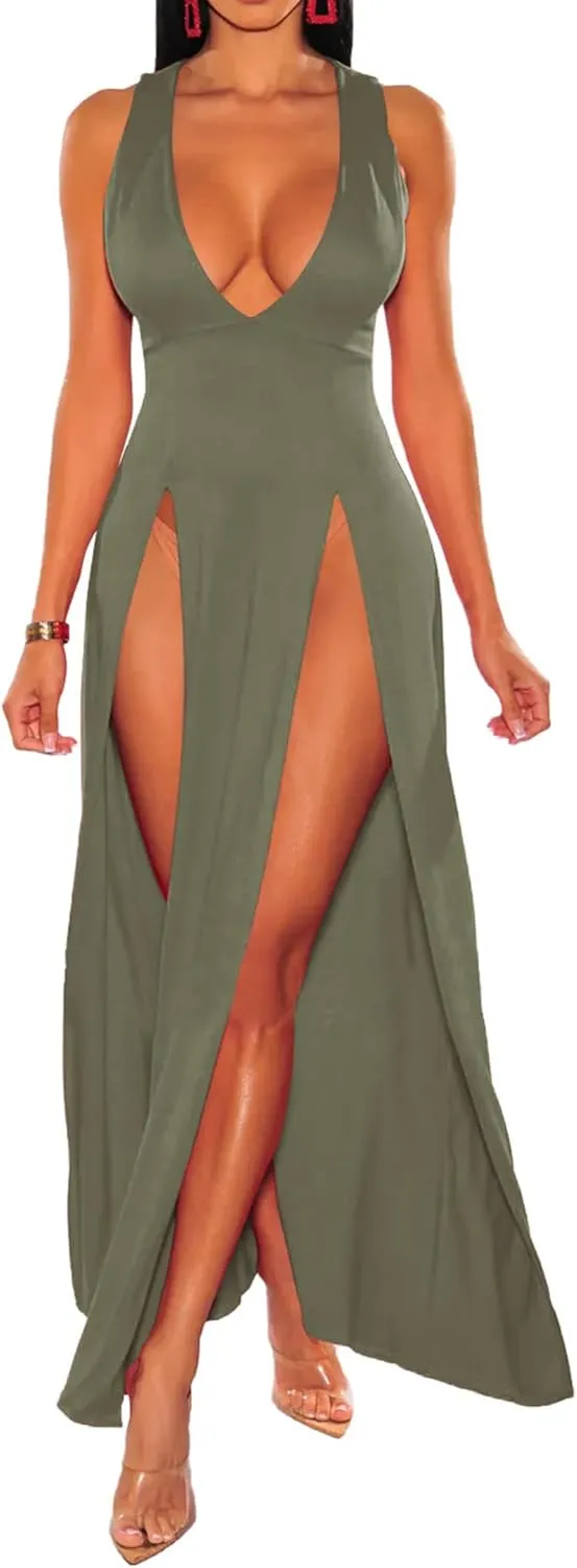Sexyshine Women's Sexy Deep V Neck Double High Split Side Maxi Dress Sleeveless Long Bodycon Cocktail Evening Dress