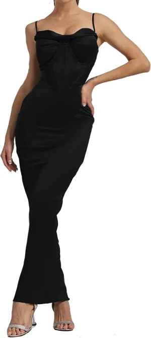 Sexyshine Women's Spaghetti Strap Cowl Neck Satin Corset Dress Bodycon Backless Formal Evening Party Maxi Dress