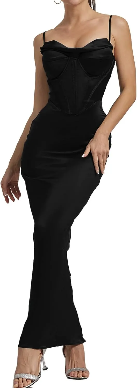 Sexyshine Women's Spaghetti Strap Cowl Neck Satin Corset Dress Bodycon Backless Formal Evening Party Maxi Dress