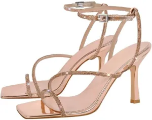 sexytag Women's Sparkly Heels Rhinestone Square Open Toe Ankle Strap Stiletto Heel Sandals