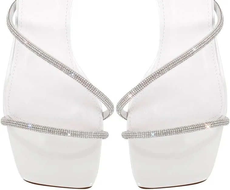 sexytag Women's Sparkly Heels Rhinestone Square Open Toe Ankle Strap Stiletto Heel Sandals