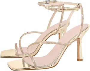 sexytag Women's Sparkly Heels Rhinestone Square Open Toe Ankle Strap Stiletto Heel Sandals
