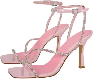 sexytag Women's Sparkly Heels Rhinestone Square Open Toe Ankle Strap Stiletto Heel Sandals