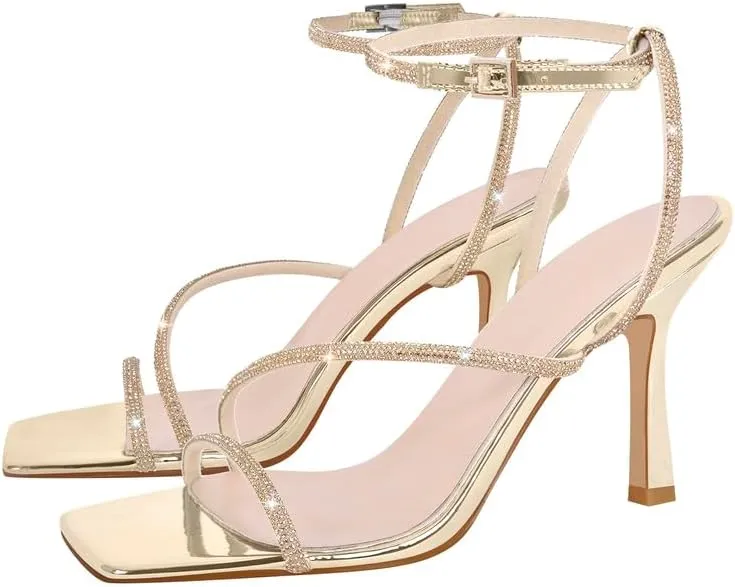 sexytag Women's Sparkly Heels Rhinestone Square Open Toe Ankle Strap Stiletto Heel Sandals