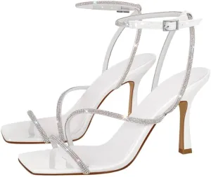 sexytag Women's Sparkly Heels Rhinestone Square Open Toe Ankle Strap Stiletto Heel Sandals