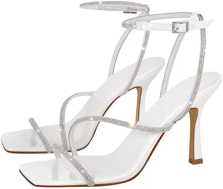 sexytag Women's Sparkly Heels Rhinestone Square Open Toe Ankle Strap Stiletto Heel Sandals