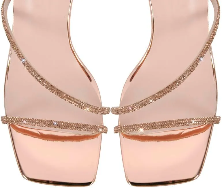 sexytag Women's Sparkly Heels Rhinestone Square Open Toe Ankle Strap Stiletto Heel Sandals