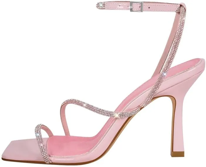 sexytag Women's Sparkly Heels Rhinestone Square Open Toe Ankle Strap Stiletto Heel Sandals