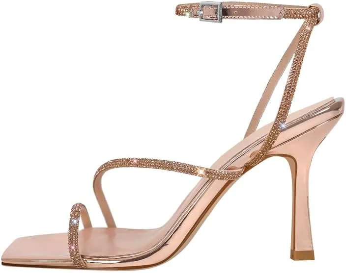 sexytag Women's Sparkly Heels Rhinestone Square Open Toe Ankle Strap Stiletto Heel Sandals