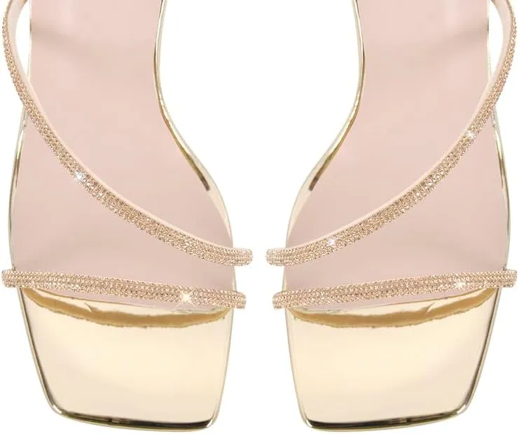 sexytag Women's Sparkly Heels Rhinestone Square Open Toe Ankle Strap Stiletto Heel Sandals