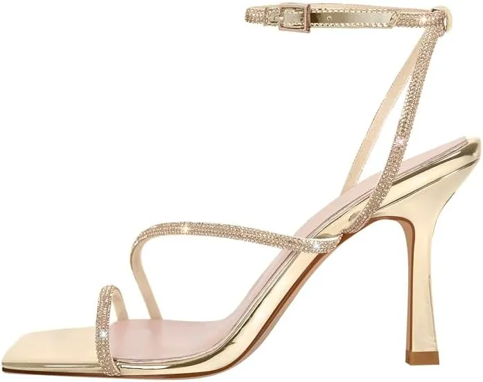 sexytag Women's Sparkly Heels Rhinestone Square Open Toe Ankle Strap Stiletto Heel Sandals
